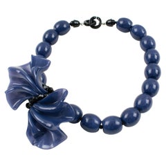 Angela Caputi Black and Berry Blue Resin Necklace with Oversized Bow
