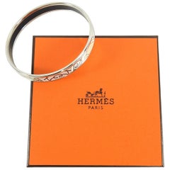 Hermes Narrow Beige Enamel Silver Bangle Bracelet