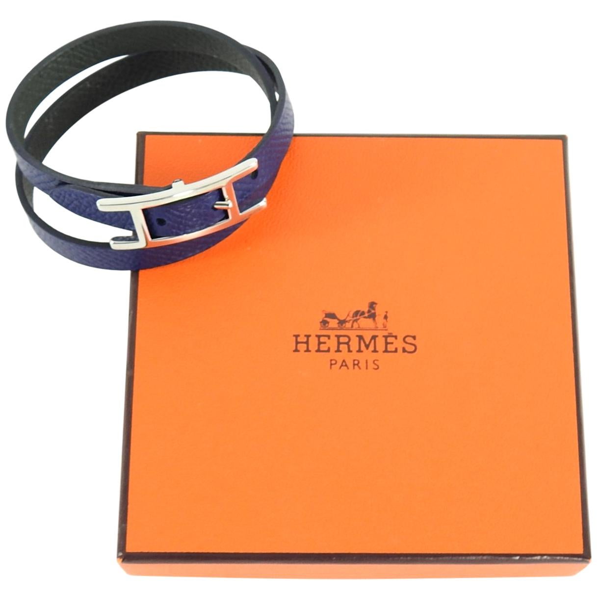Hermes Navy Leather Behapi Double Tour Bracelet in Box