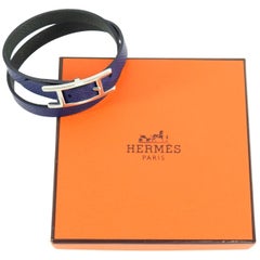 Hermès - Bracelet Behapi double tour en cuir bleu marine, dans sa boîte