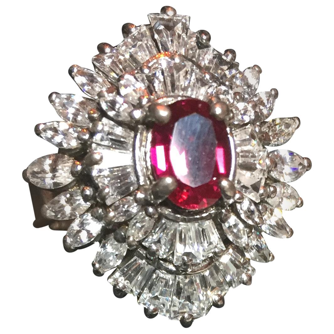 Artist-Signed Sterling, Cubic Zirconia & Synthetic Ruby Cocktail Ring 1970s For Sale