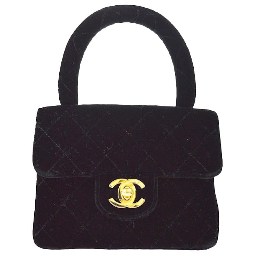 Chanel Black Velvet Top Handle Satchel Kelly Style Mini Party Evening Bag