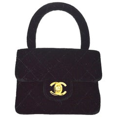 Retro Chanel Black Velvet Top Handle Satchel Kelly Style Mini Party Evening Bag