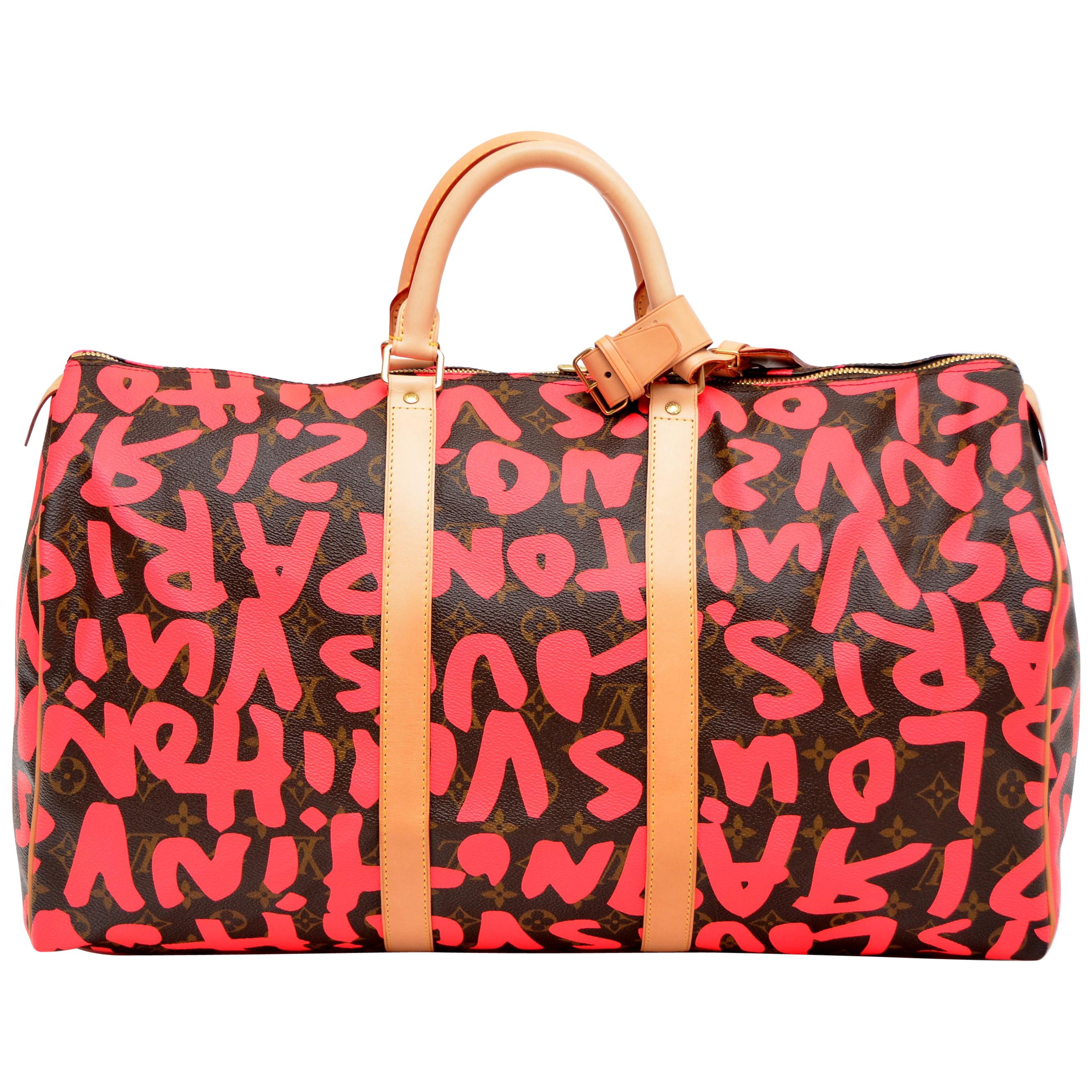 LOUIS VUITTON VINTAGE Pink Neon Keepall 50 Graffiti Bag For Sale