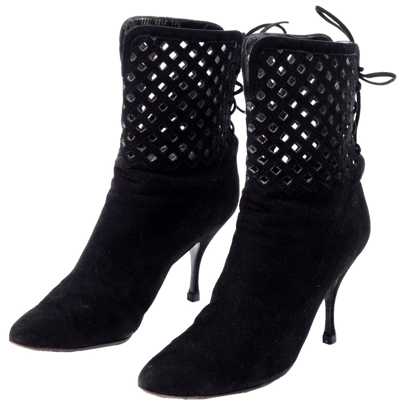 Vintage Alaia Black Suede Boots in Cutout Corset Style Lace Up Booties ...