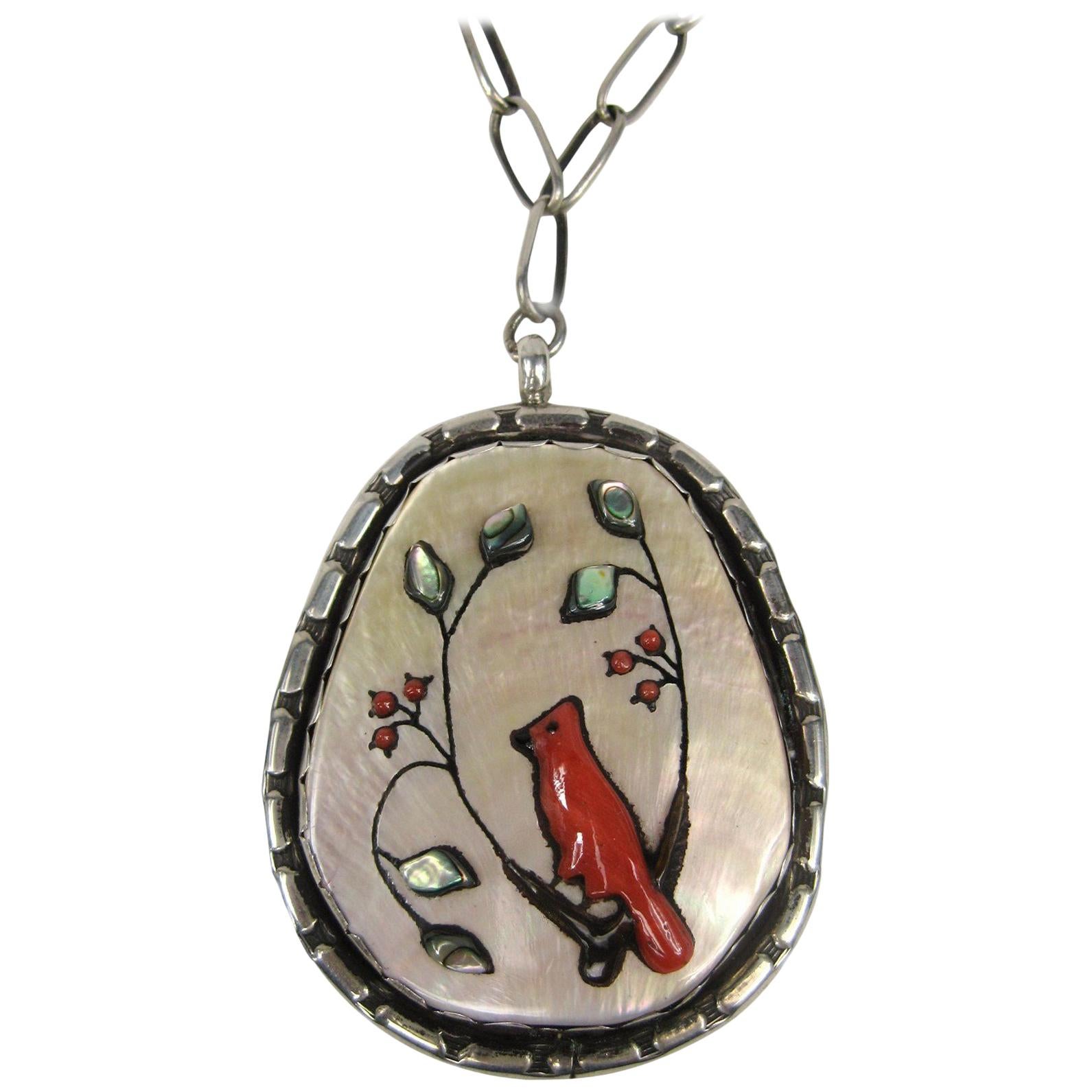 Native American Sterling Silver Zuni Shell Coral Cardinal Pendant with Necklace