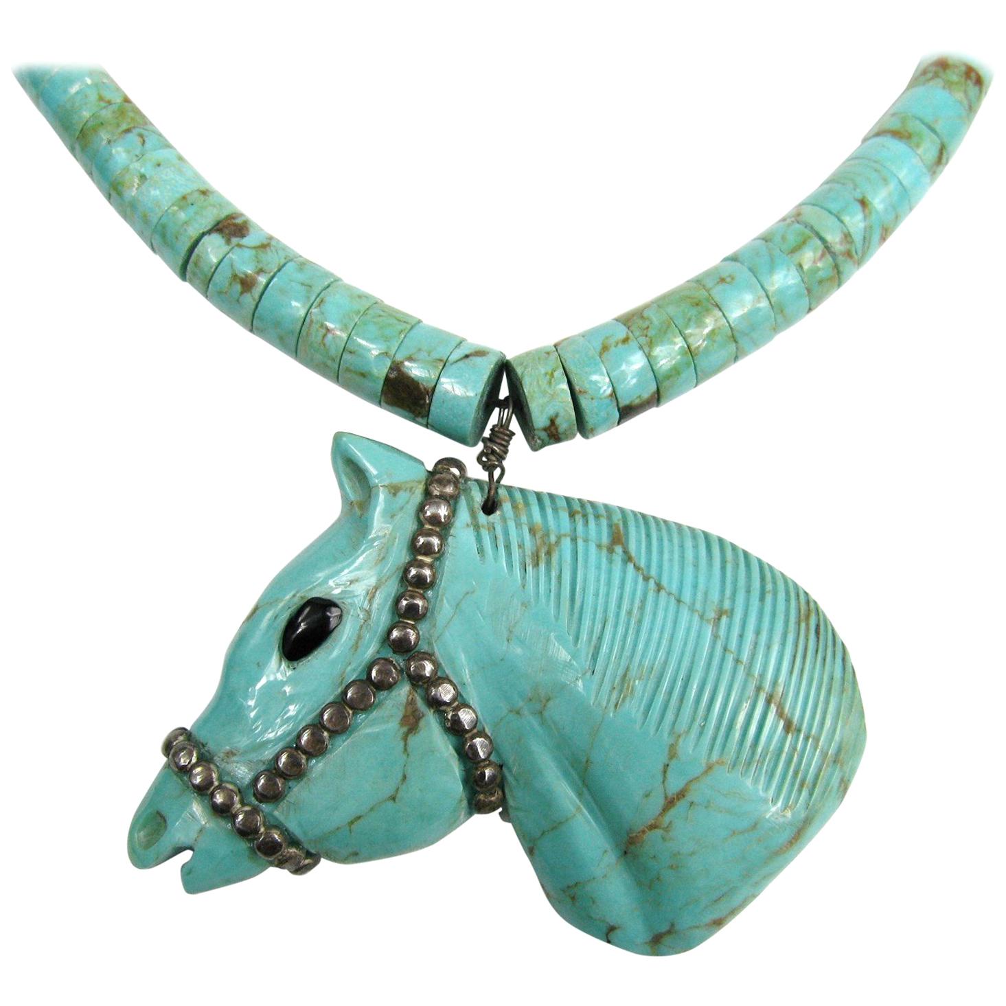  Collier en argent sterling avec turquoise et perles en forme de tête de cheval américain NATIVE