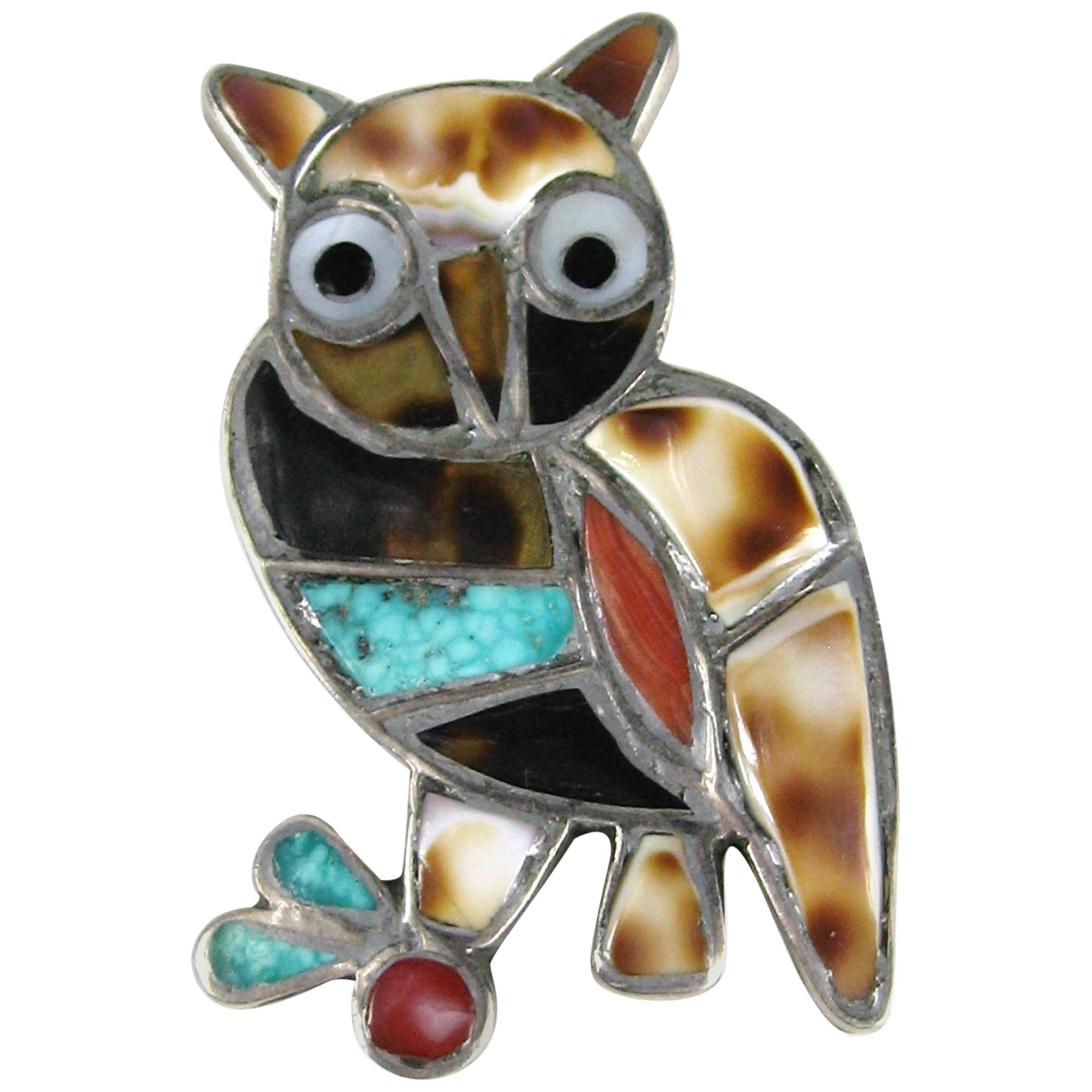 Zuni Inlaid Turquoise Shell Mother of Pearl Sterling Silver Owl Pin Brooch For Sale