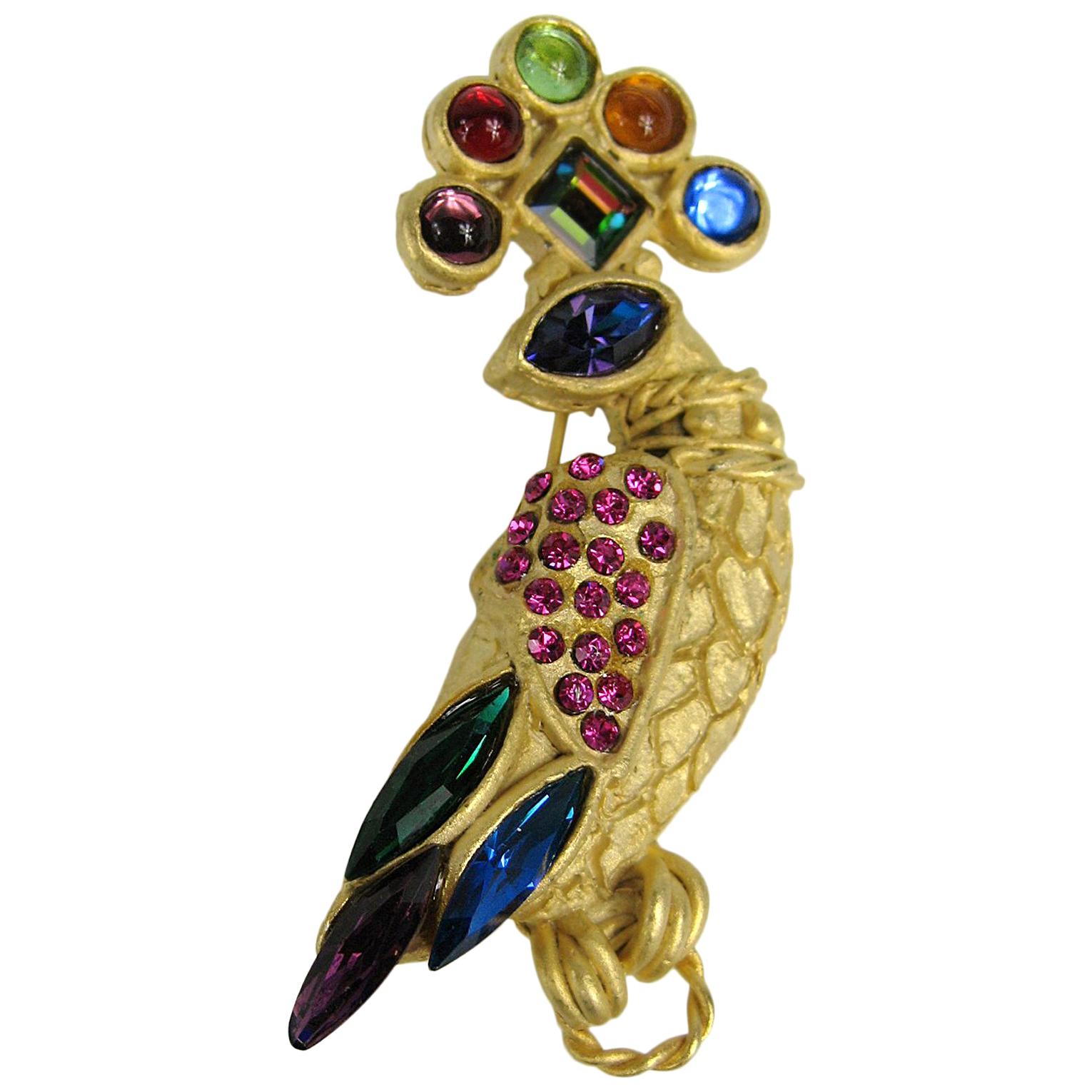  Crystal Peacock Gold gilt Brooch New, Never worn 1990s  For Sale