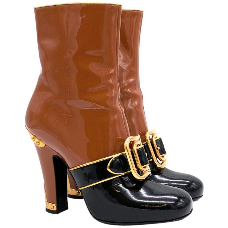 Prada Buckled Two-Tone Patent Leather Buckle Boots US 5.5 For Sale