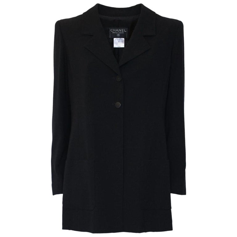 Chanel Black Long Wool Jacket 42/46 For Sale at 1stdibs
