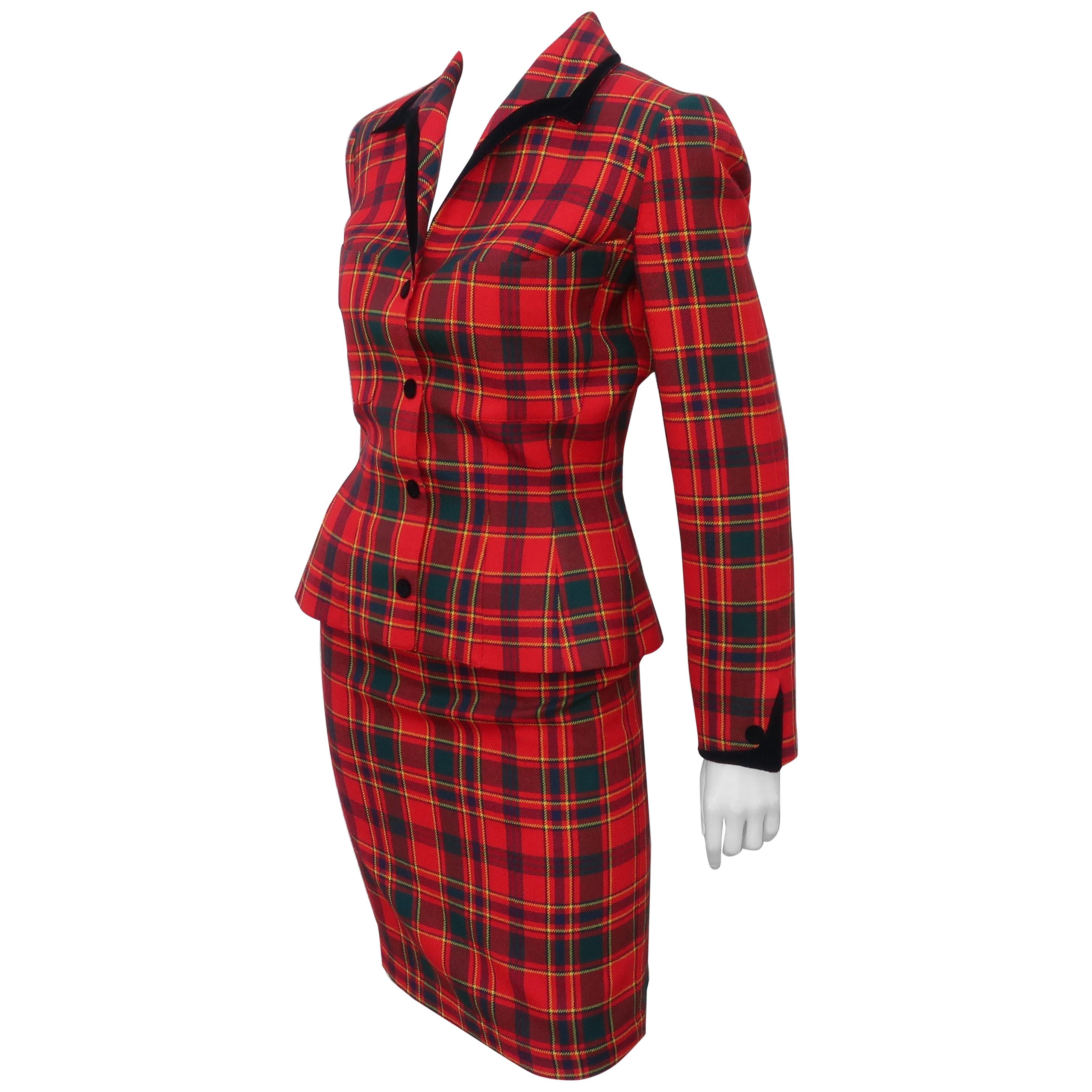 Thierry Mugler Red Plaid Suit With Black Velvet Trim