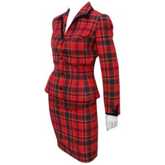 Retro Thierry Mugler Red Plaid Suit With Black Velvet Trim