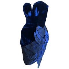 Vicky Tiel Couture Bergdorf Goodman 80's Strapless Blue Velvet Cocktail Dress