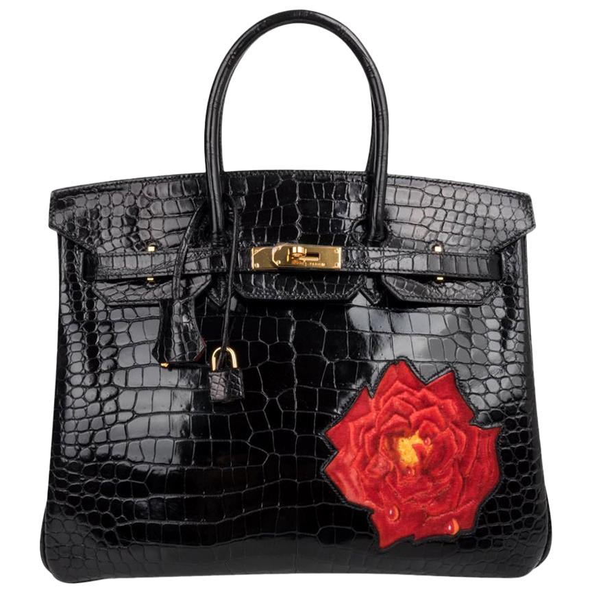 Hermes Birkin HSS 35 Porosus Crocodile Black Red La Rosee One of a Kind Bag For Sale