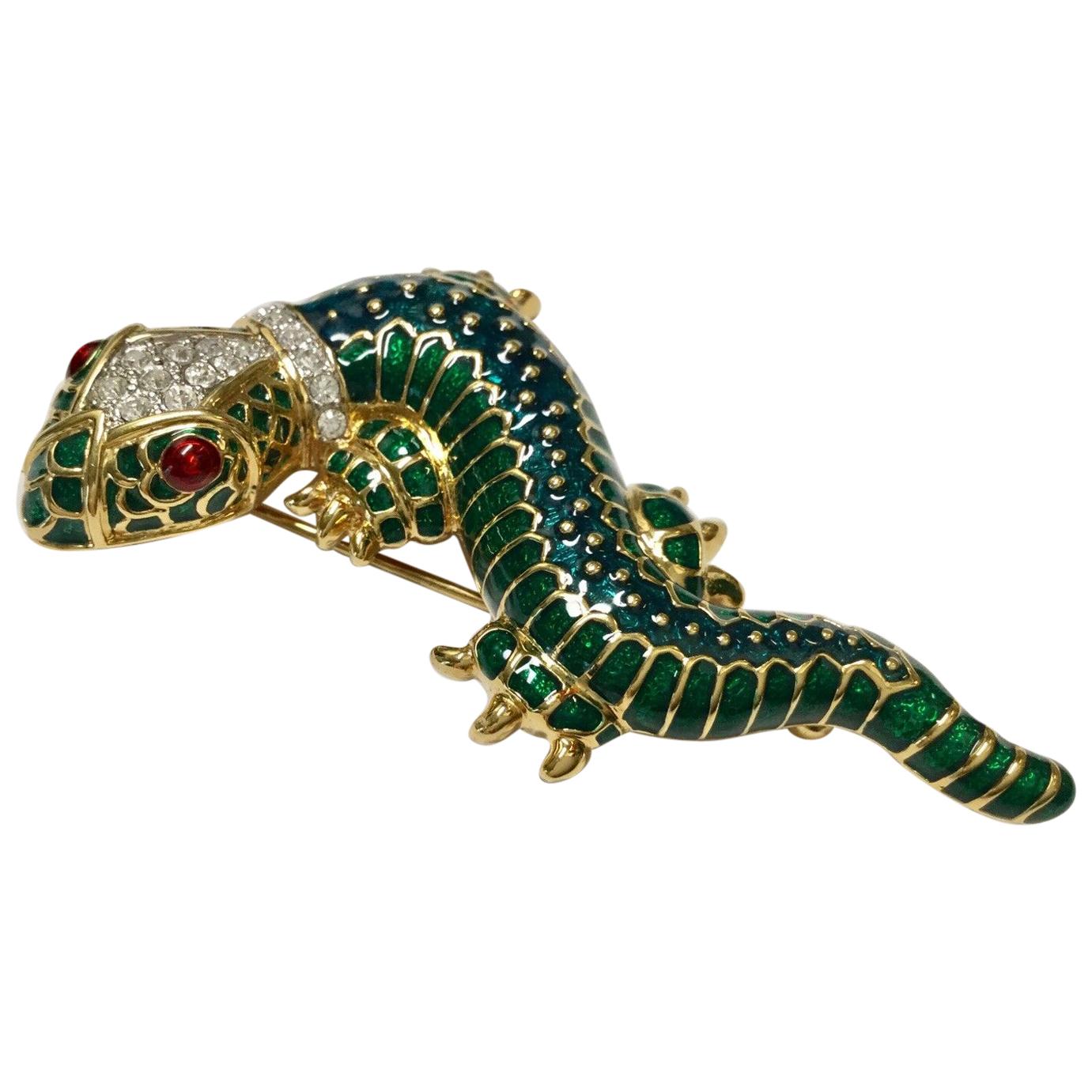 Kenneth Jay Lane KJL Lizard Salamander Enamel Crystal Statement Pin Brooch For Sale