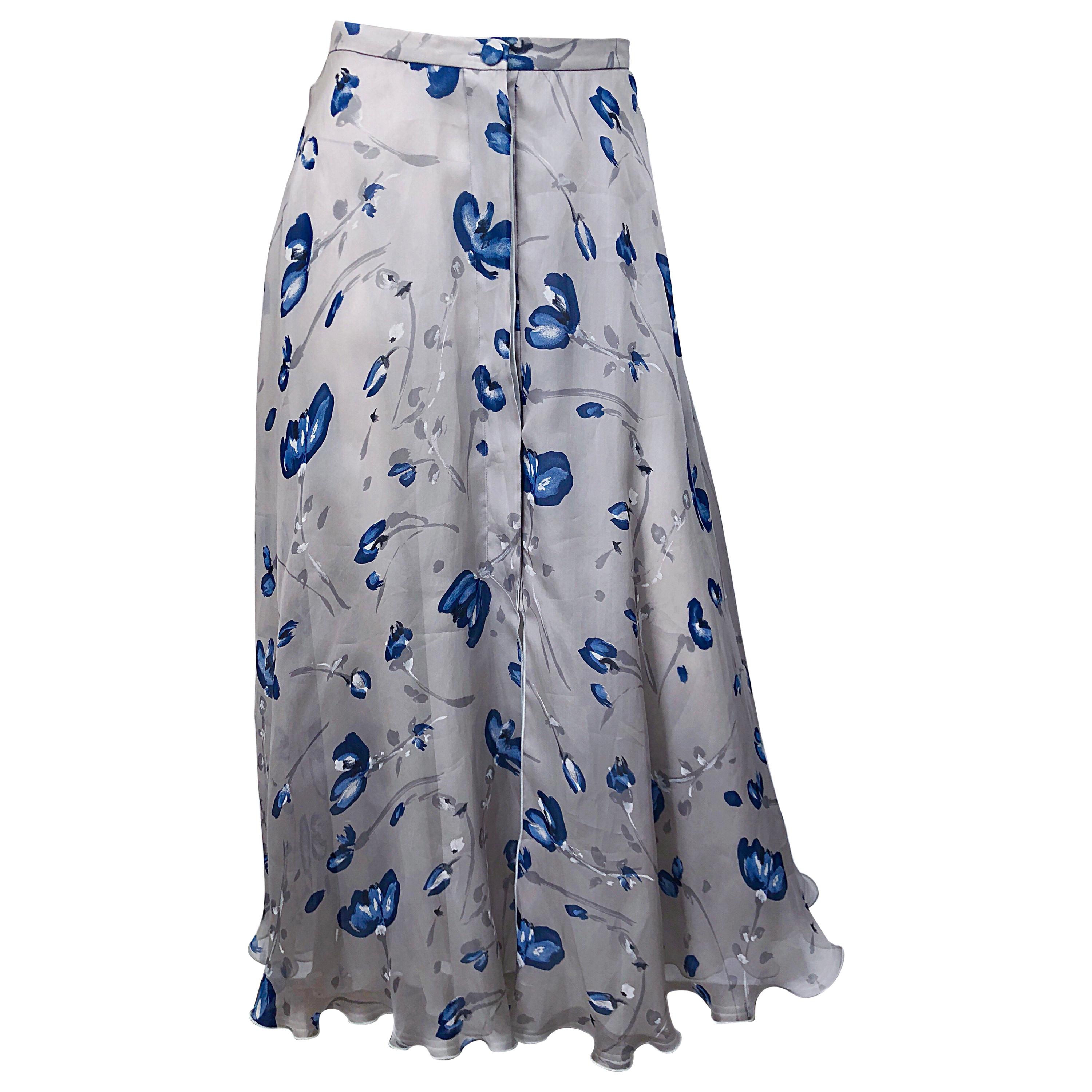 Vintage Giorgio Armani Light Grey + Blue Watercolor Flowers Silk Maxi Skirt