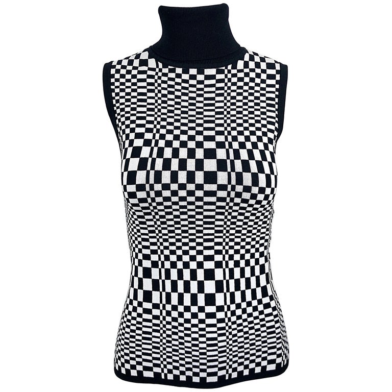 1990s Black and White Op Art 3 - D Print Sleeveless Vintage Knit Turtleneck Top For Sale