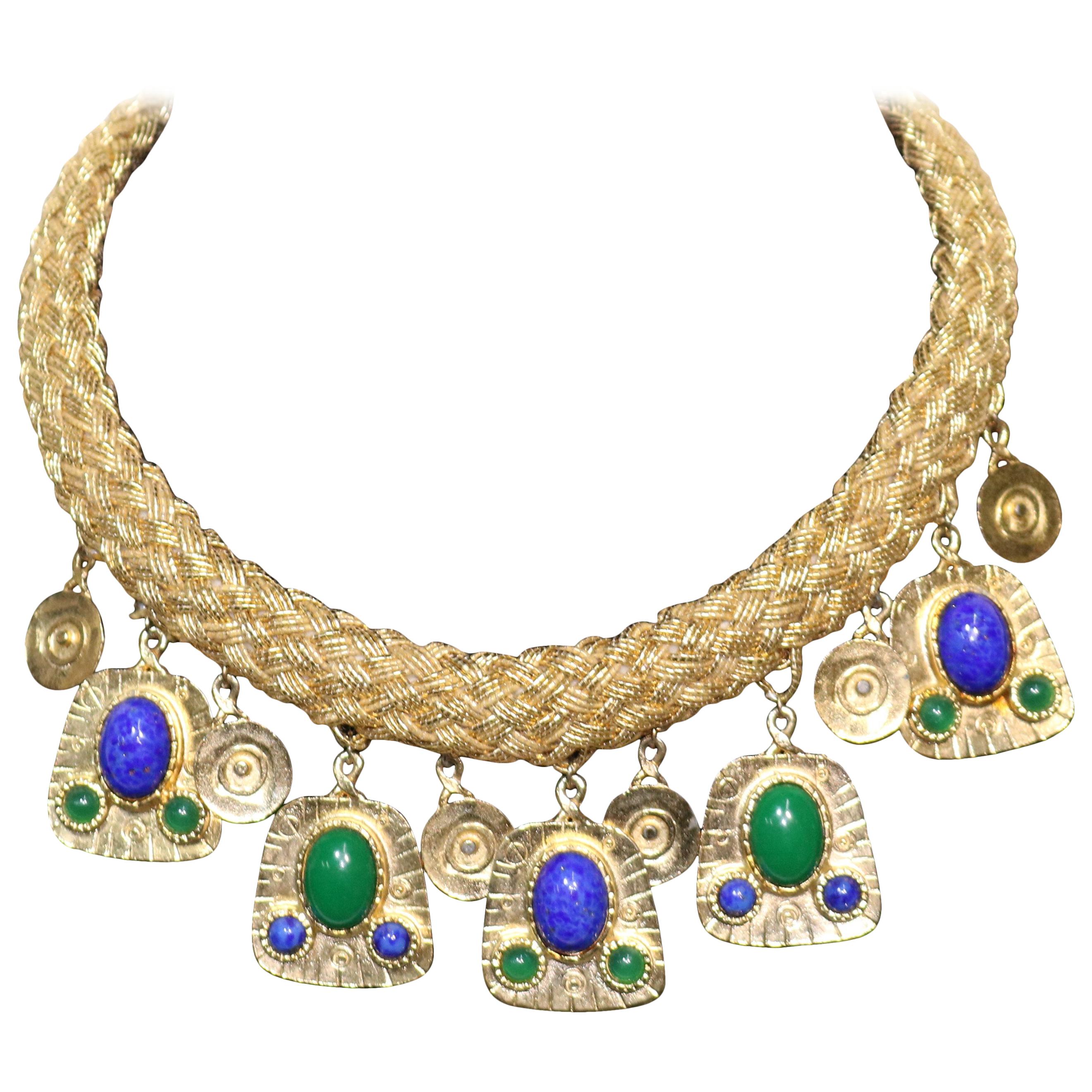 Gold Woven 'Cleopatra' Collar Necklace-Malachite and Lapis Drops For Sale