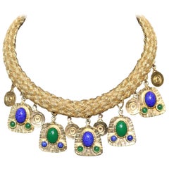 Gold Woven 'Cleopatra' Collar Necklace-Malachite and Lapis Drops