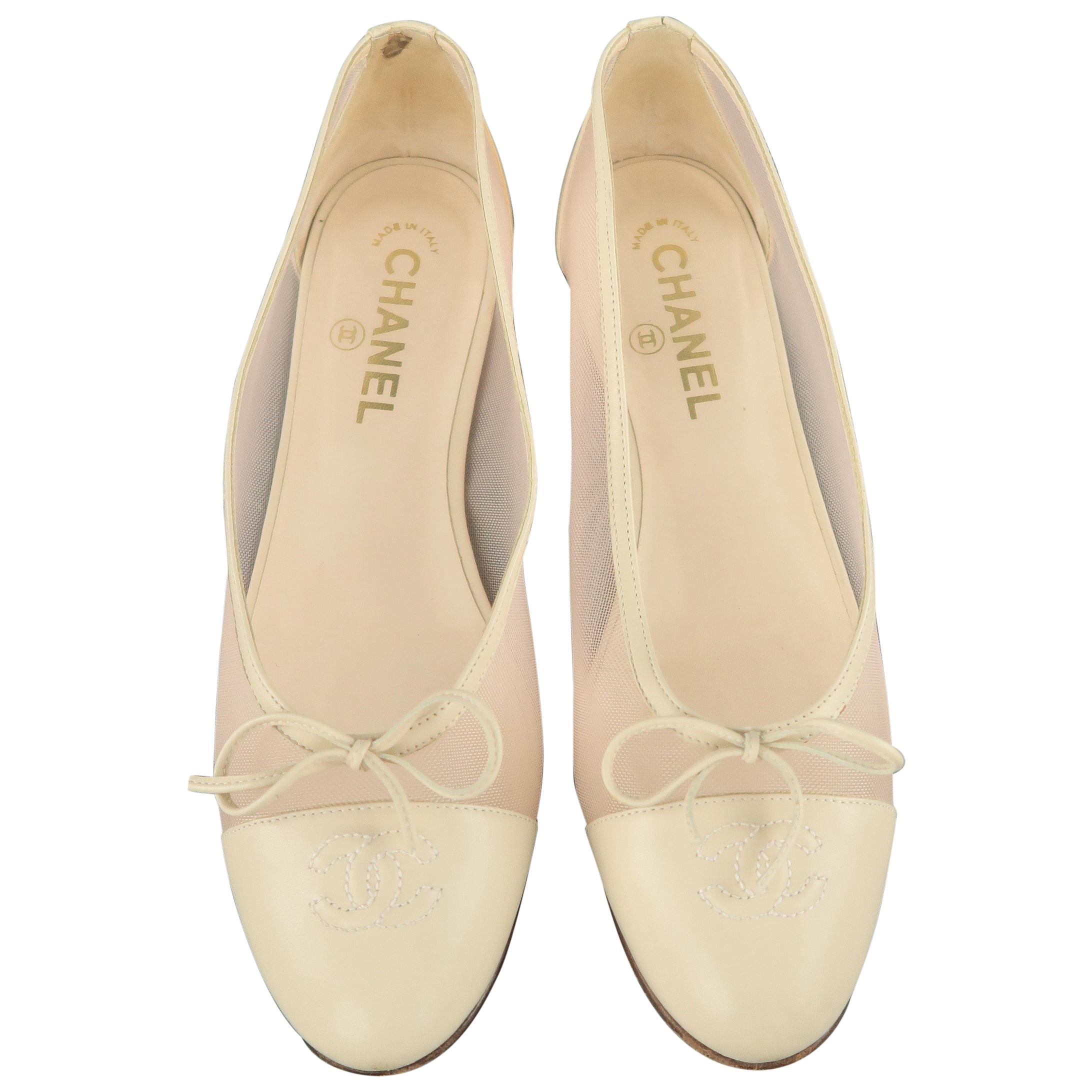 CHANEL Size 8.5 Beige Leather Pink Mesh CC Bow Cap Toe Flats