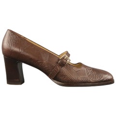 BOTTEGA VENETA Size 8 Brown Leaf Embossed Leather Mary Jane Pumps