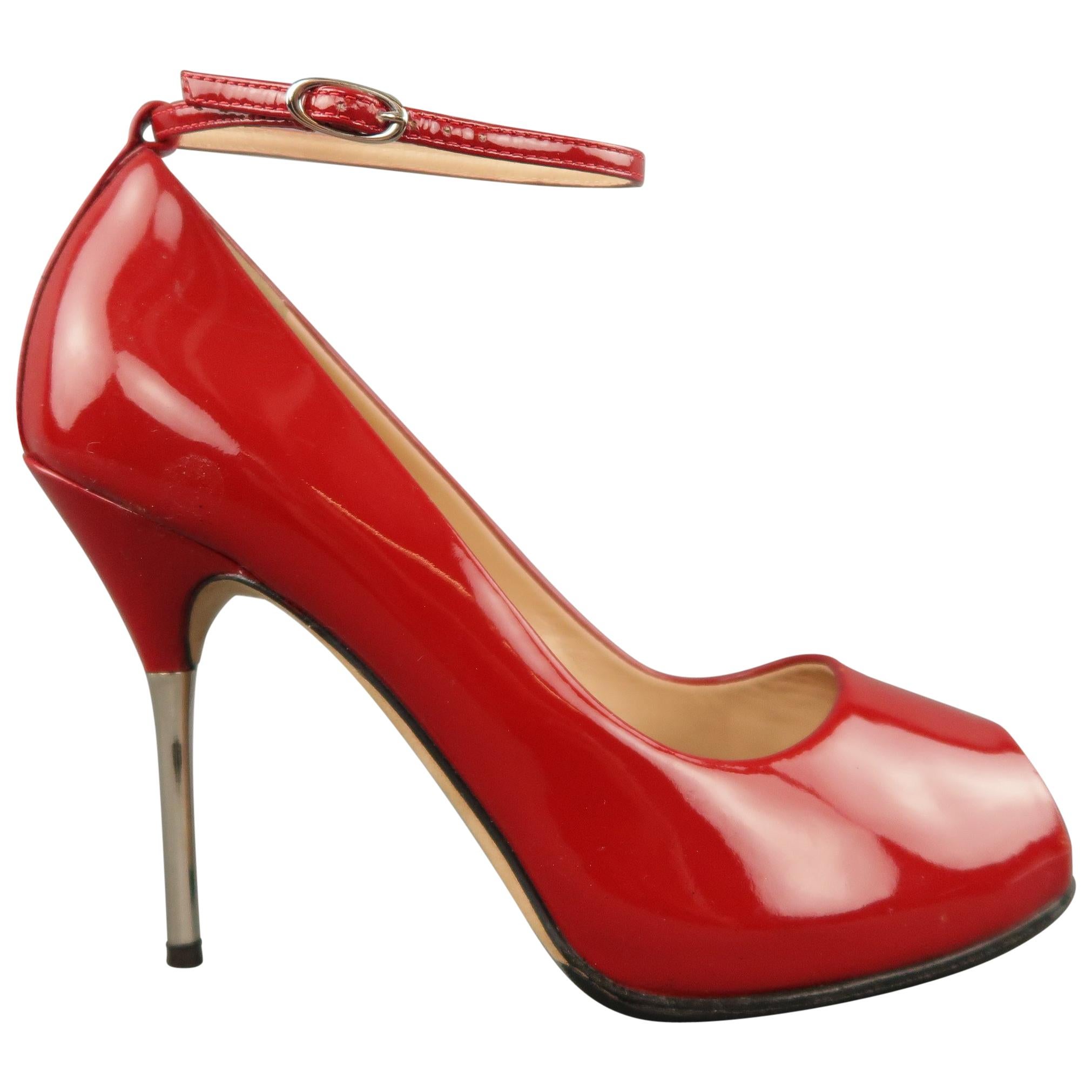 GIUSEPPE ZANOTTI Size 6 Red Patent Leather Peep Toe Metal Heel Pumps