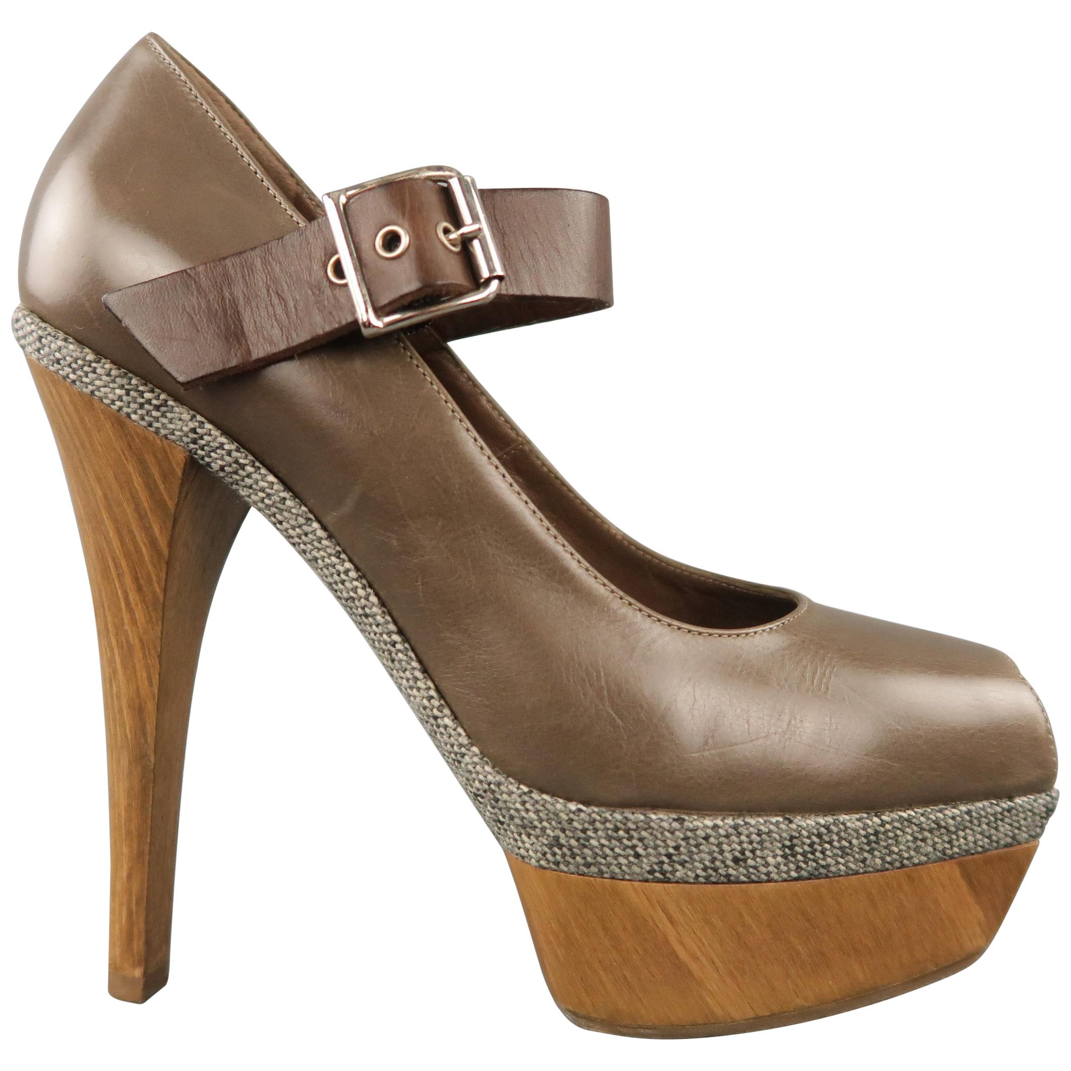 MARNI Size 6 Taupe Leather Mary Jane Wooden Platform Pumps