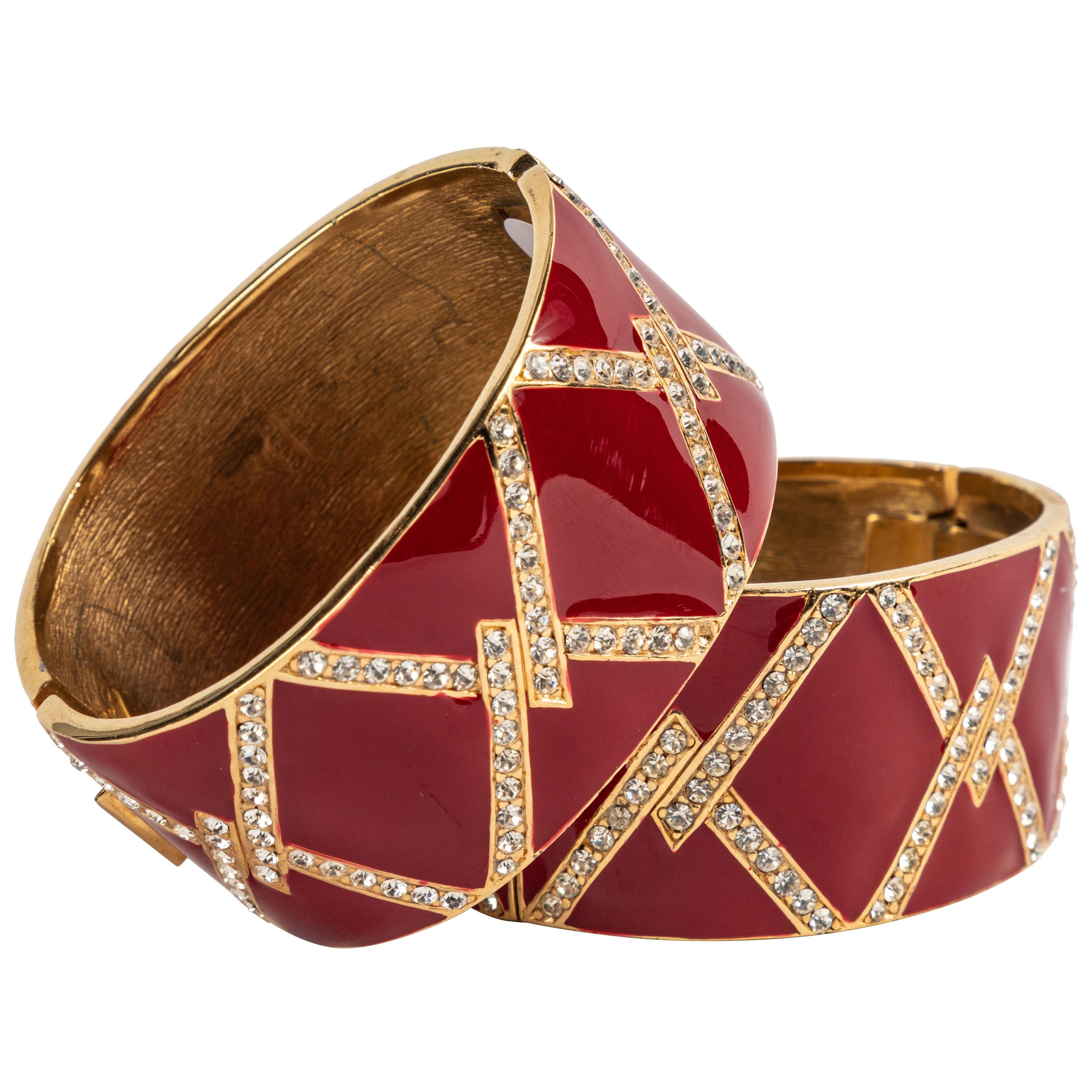 A Pair of Red Enamel and Rhinestone Cuffs by Ciner