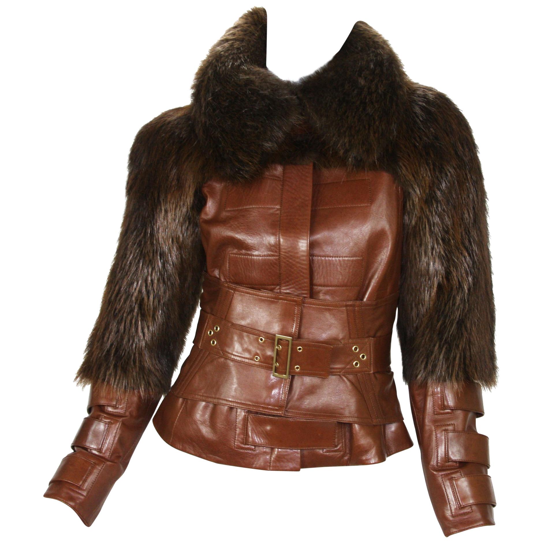 Tom Ford for Gucci F/W 2003 Cognac Color Leather Fur Corset Jacket  38