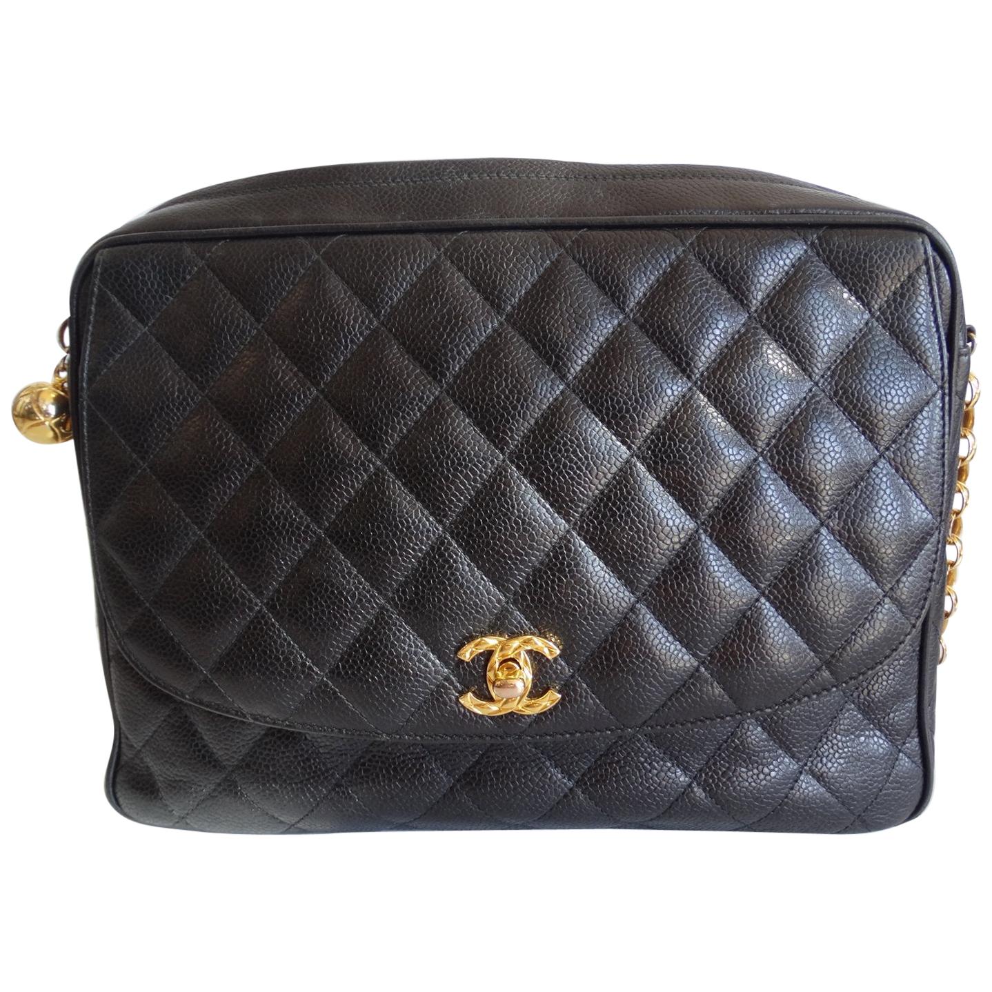 1980s Chanel Classic Black Caviar Leather Bag 