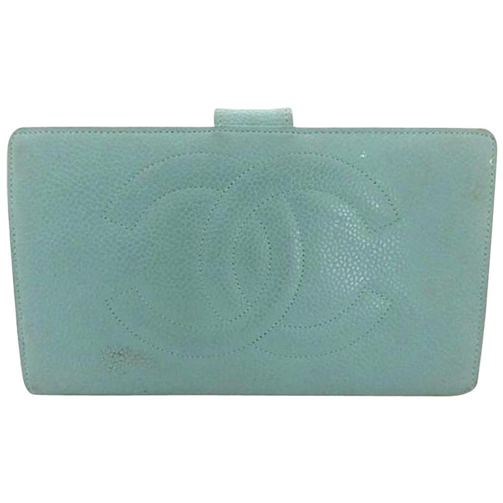 Chanel Blue ( Rare ) Caviar Leather Cc Bifold Long 216028 Wallet For Sale