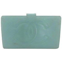 Chanel Blue ( Rare ) Caviar Leather Cc Bifold Long 216028 Wallet