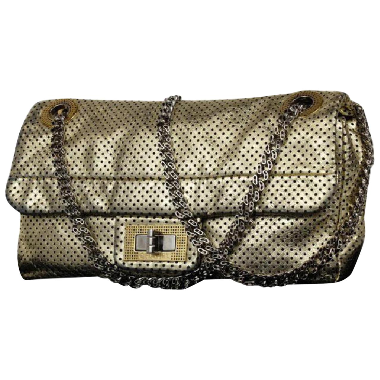 Chanel Classic Flap ( Rare ) Perforated Drill 215368 Gold Leather Shoulder Bag For Sale