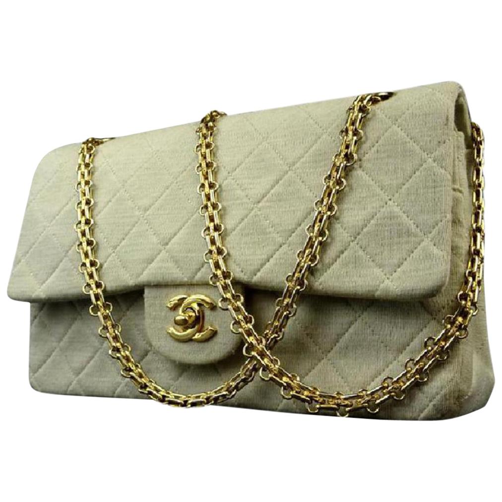 Chanel Flap Quilted Grey Classic Double Flap215748 Cream Cotton Shoulder Bag For Sale