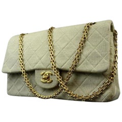 Vintage Chanel Flap Quilted Grey Classic Double Flap215748 Cream Cotton Shoulder Bag