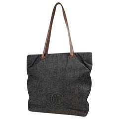 Vintage Chanel Shopping Denim Cc Tote 213601 Black X Brown Shoulder Bag