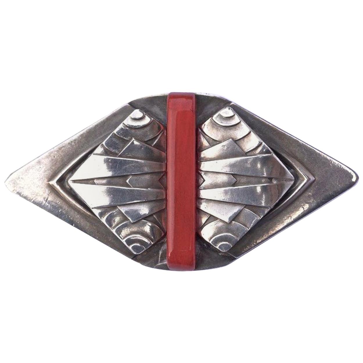 Large Silver Tone and Red Early Plastic Art Deco Style Depose Brooch