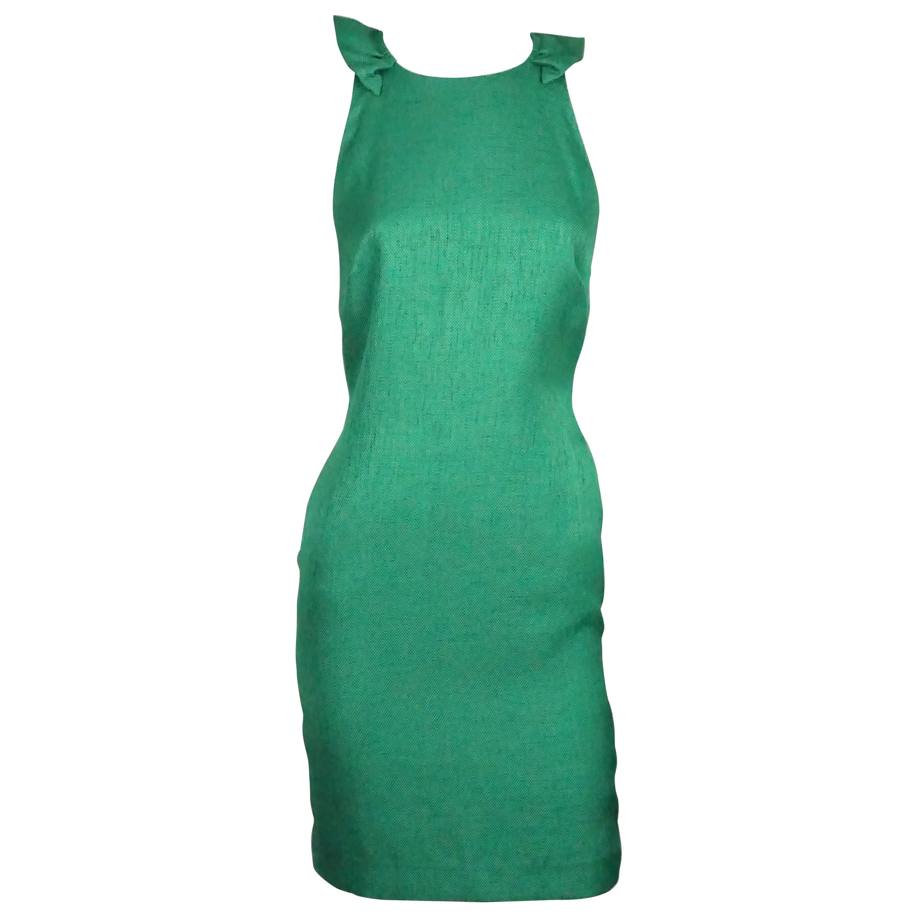 Badgley Mischka Green Linen w/ Ruffle Back Dress - 0