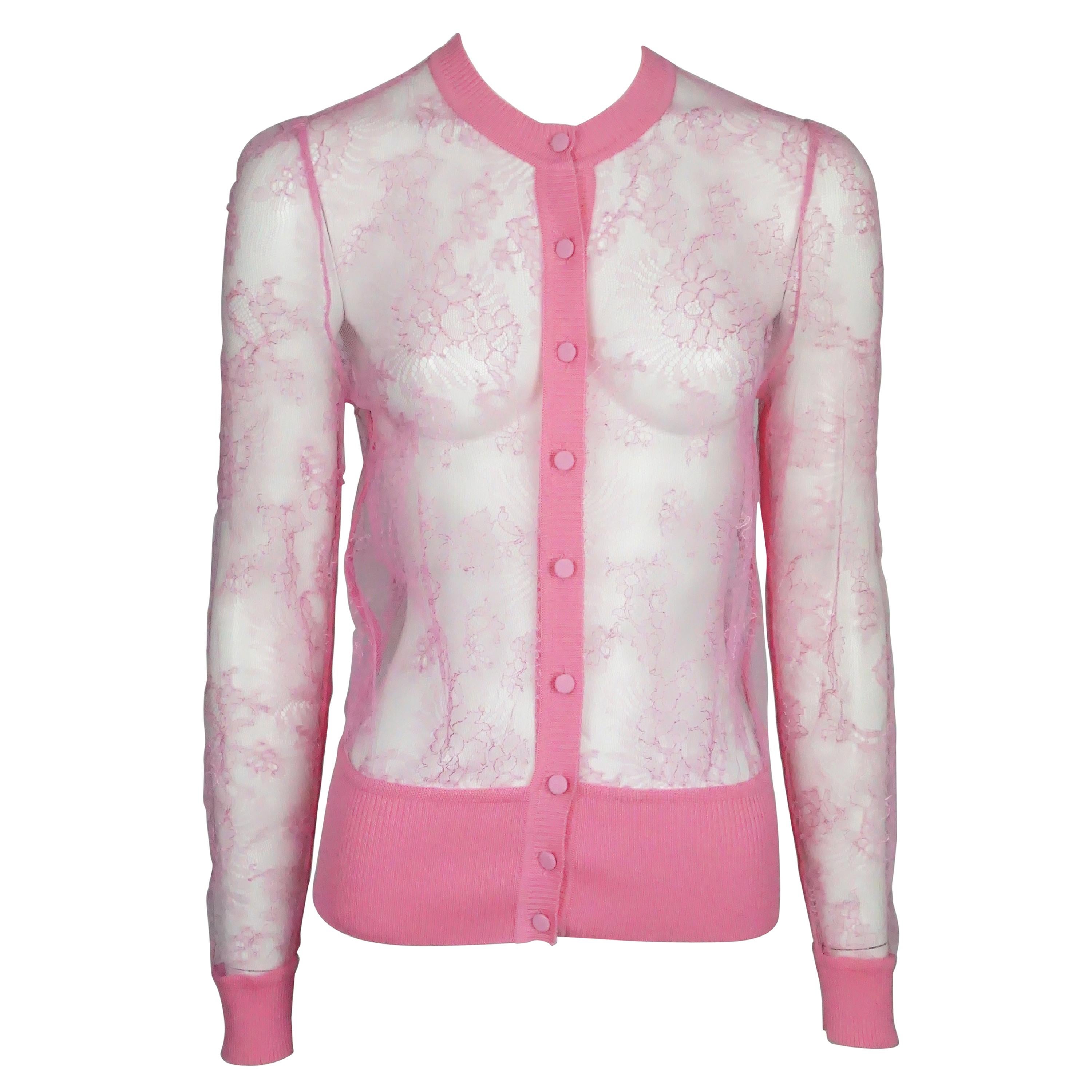 Valentino Neon Pink Lace Sheer w/ Cotton Trim Cardigan - Small