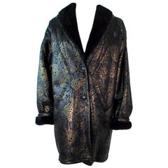 Vintage ADRIENNE LANDAU Spanish Shearling Leather Metallic Floral Pattern Coat Size 6 8