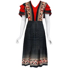 1930's Floral Deco Stripe Print Silk Tiered Ruffle Split-Sleeve Day Dress