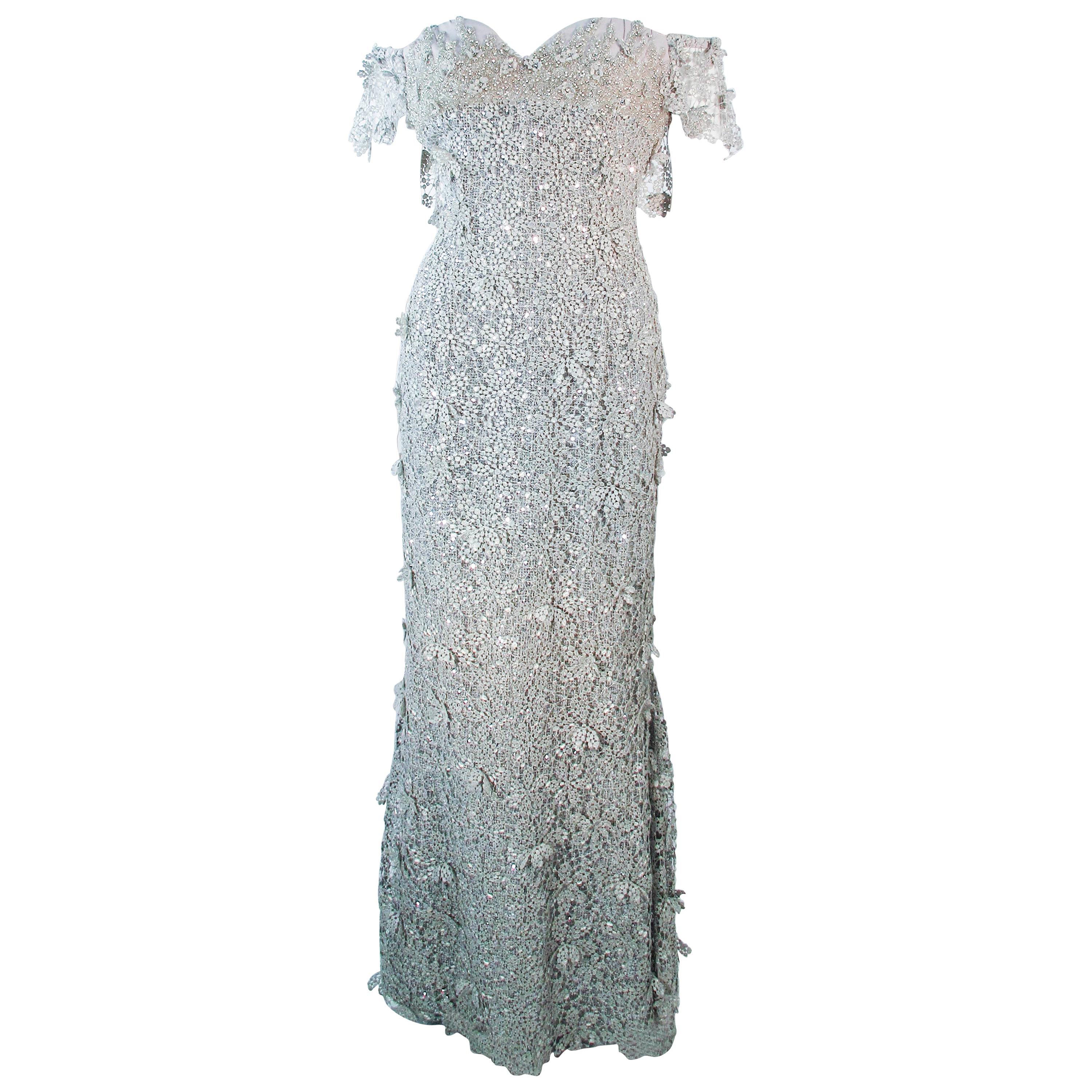 TONY WARD Silver Metallic Lace Gown Size 2 4 