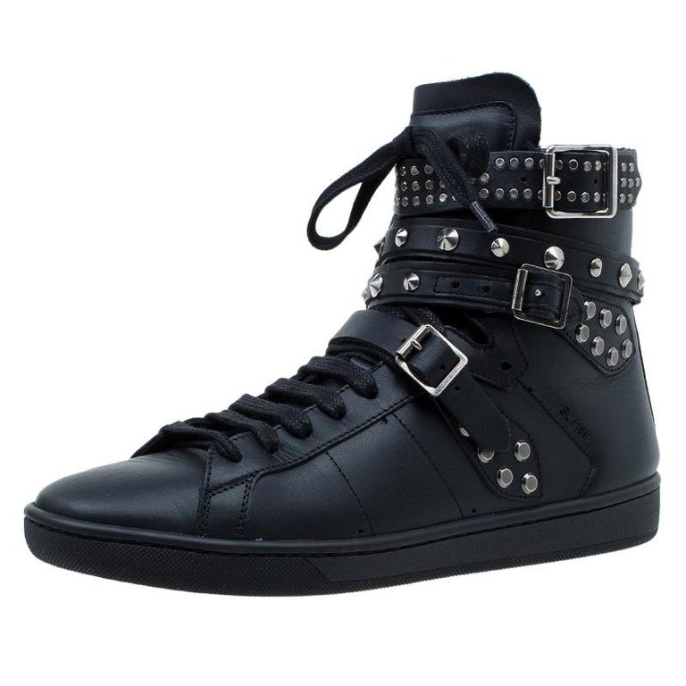Saint Laurent Paris Black Spike Leather High Top Buckle Sneakers Size ...