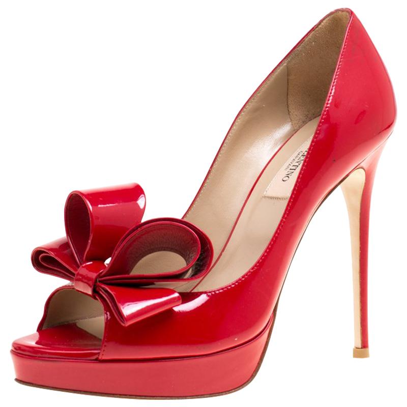 Valentino Red Patent Leather Couture Bow Peep Toe Platform Pumps Size ...