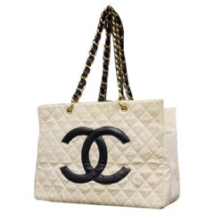 Vintage Chanel Shopping ( Ultra Rare ) Quilted Linen Gst Chain 213824 Cotton Blend Tote