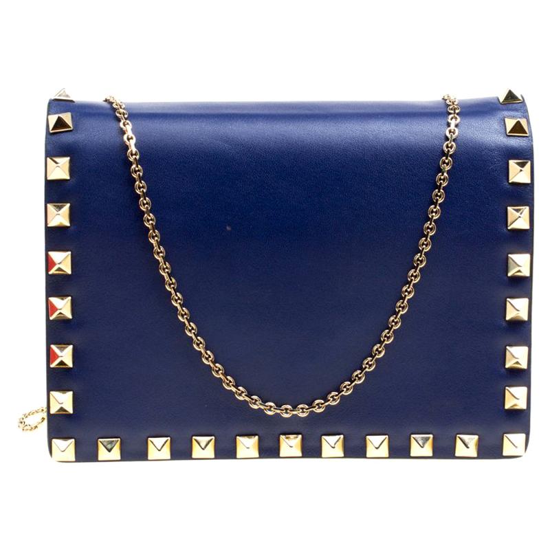 Valentino Blue Leather Rockstud Chain Shoulder Bag