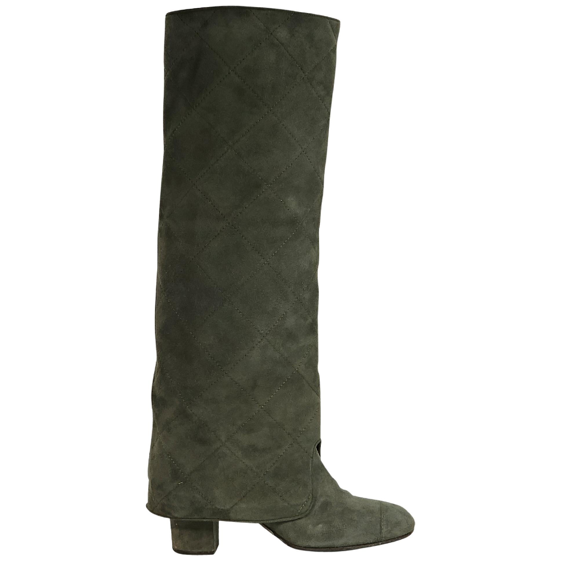 Sage Green Chanel Quilted Suede Boots