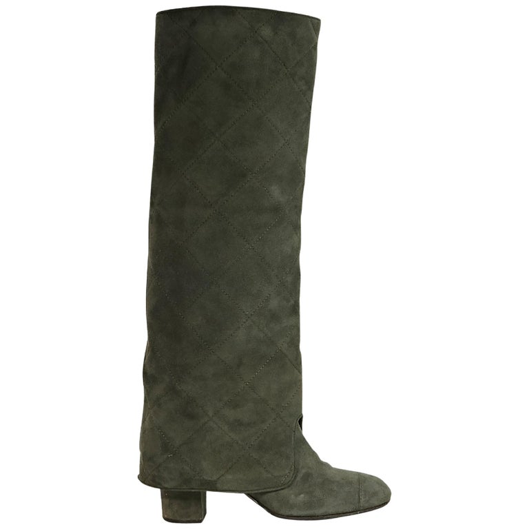 Sage Green Chanel Quilted Suede Boots For Sale at 1stDibs