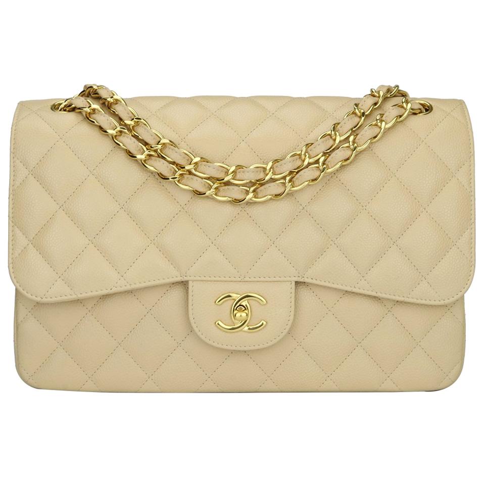 CHANEL Classic Jumbo Double Flap Bag Beige Clair Caviar with Gold